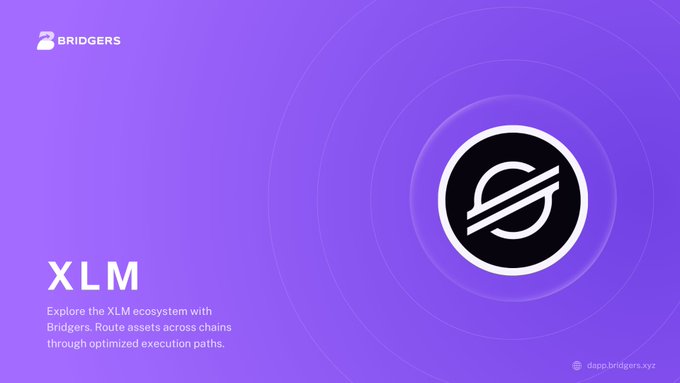 A purple graphic displays the 'BRIDGERS' logo and 'XLM' text, inviting viewers to 'Explore the XLM ecosystem with Bridgers. Route assets across chains through optimized execution paths,' with the URL 'dapp.bridgers.xyz'.