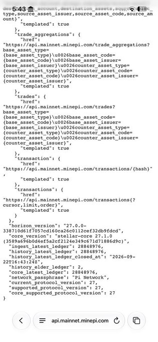 A mobile screenshot showing JSON code from api.mainnet.minepi.com with API endpoints for trade aggregations and transactions, displayed on a phone browser at 5:43.