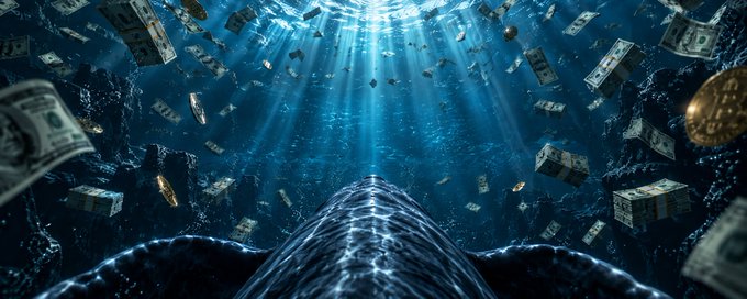 A massive dark whale looms underwater amid scattered US dollar bills and a golden coin, with beams of light piercing the depths above. The image visually reinforces the post's narrative of a crypto whale holding $1.38 million $HYPE at an entry price of $38.67, now sitting on $78M in unrealized profit while refusing to sell at $95+.