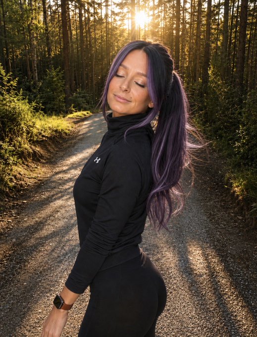 A woman with long purple hair stands on a forest path in athletic wear, with sunlight filtering through the trees behind her.