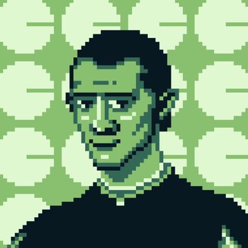 A pixel art portrait of a man rendered in a green color palette with glasses, set against a background pattern of green circles, fitting the NFT and crypto art theme of the post discussing new NFT projects like Chimpers, Florentines, and Squigs.