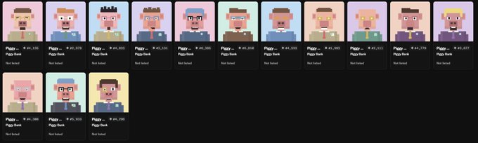 A grid of pixel-art NFT character portraits from a 'Piggz' collection, showing various humanoid figures with different hairstyles, glasses, and beards, priced between #4,119 and #5,143, all marked 'Not listed'.