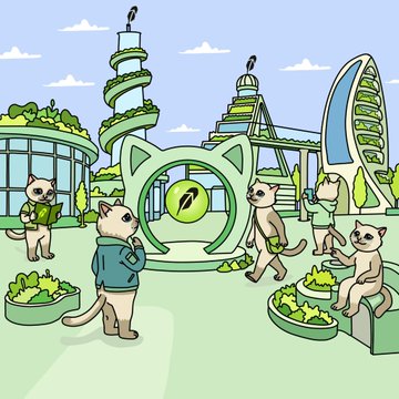 An illustration depicts anthropomorphic cats in a futuristic "Green City" with a large cat-face building and a cat-head monument, where one cat reads a book titled "ROBINHOOD," others lounge near leafy planters, and two hold green bags—visually echoing the post's theme of a thriving, eco-friendly Robinhood-like haven where $CASHCAT token holders enjoy prosperity.