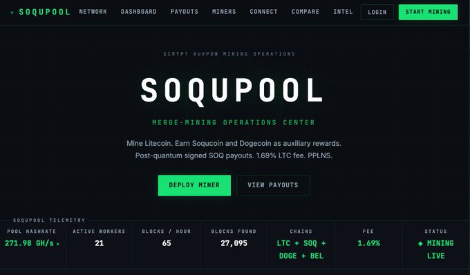 The image features the Soqupool website, with a close-up view of its main page that contains information about Soqupool and payment methods for mining rewards. The website's title "Soqupool" is prominently displayed at the top, indicating what the site is all about. Additionally, there are text elements, including the website header, footer, and other sections such as a blog with information about how to mine cryptocurrencies and the different payment options available for miners who want to start mining. The image also includes links to the Bitcoin wallet page, Soqupool Mining Operations Center, and social media pages. This layout suggests that the website is designed for easy navigation, with clear sections dedicated to specific topics related to cryptocurrency mining and payments.