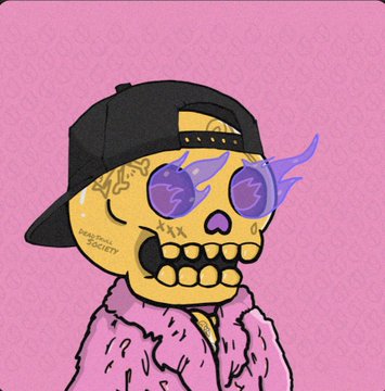 A stylized cartoon skeleton wearing a backward black cap, purple sunglasses, and a pink jacket against a solid pink background.