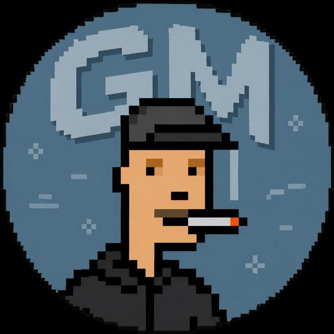 A pixel art style logo featuring a man wearing a baseball cap with a cigarette in his mouth, with stylized graffiti-like text reading "GM" in the background.