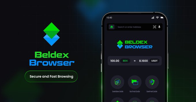 Advertisement for 'Beldex Browser' showing a phone interface with the tagline 'Secure and Fast Browsing' and a conversion rate of '100.00 BDX = 8.1600 USDT'.