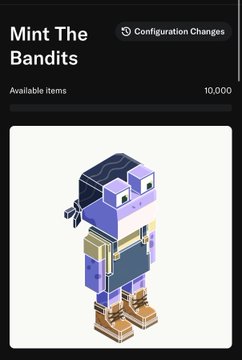A mobile app screen titled 'Mint The Bandits' showing 'Available Items: 10,000' and a pixel art character with purple hair, an eye patch, and brown boots.
