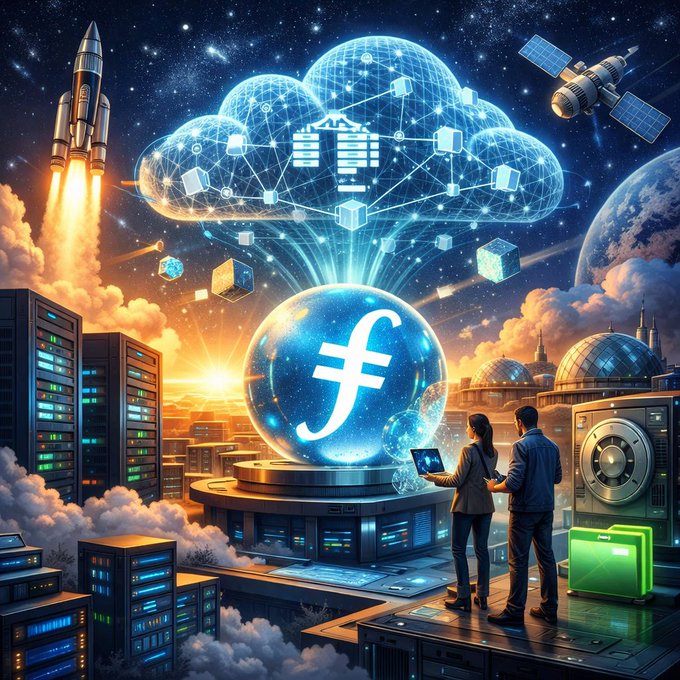 The image features a man and woman standing next to each other with their backs facing away from the camera while looking at a laptop computer. The background of the image shows an urban cityscape, including buildings and a rocket ship flying overhead. The caption for the image reads "GM $FIL fam! Waking up to a network that' s stronger than ever with Onchain Cloud live and ProPGF Batch 3 funding builders".