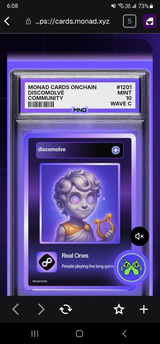 A mobile screenshot of a website showing a digital collectible card on the Monad blockchain, featuring an illustration of a curly-haired character named 'discomolve' under the 'Real Ones' community.