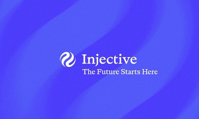A blue gradient background displays the Injective logo with the tagline "The Future Starts Here."
