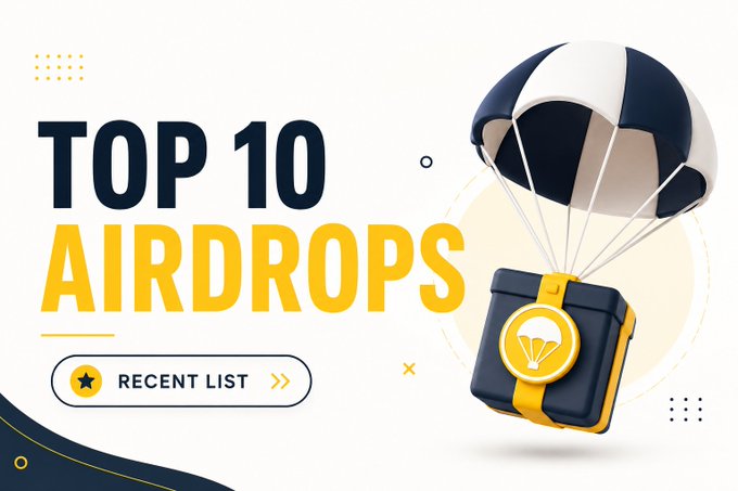 A promotional graphic titled 'TOP 10 AIRDROPS' featuring an illustration of a black and yellow package attached to a black and white parachute.