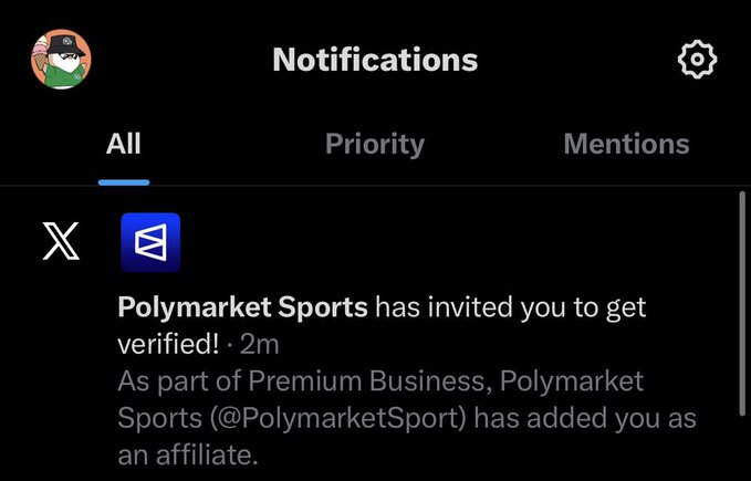 A dark-themed X/Twitter notifications screen shows a message from Polymarket Sports inviting the user to get verified as a Premium Business affiliate, posted 2 minutes ago. The notification connects to the user's creator journey post by showcasing the partnership that helped generate their ~$5,000 in Polymarket earnings.
