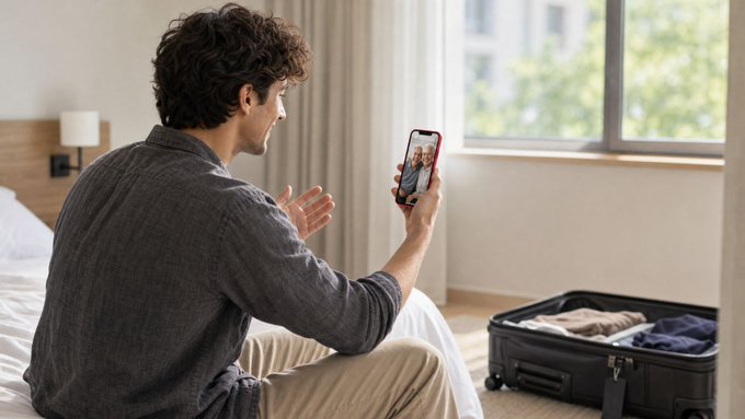 A man in a grey shirt sitting on a hotel bed, holding up a red smartphone to video call an elderly woman, with an open suitcase of clothes on the floor beside him.