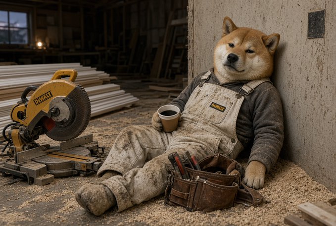 A photorealistic image of a Shiba Inu dog dressed in dirty gray work overalls, sitting on the floor of a workshop next to a yellow DeWalt chop saw, holding a paper cup of coffee with a tool belt nearby.