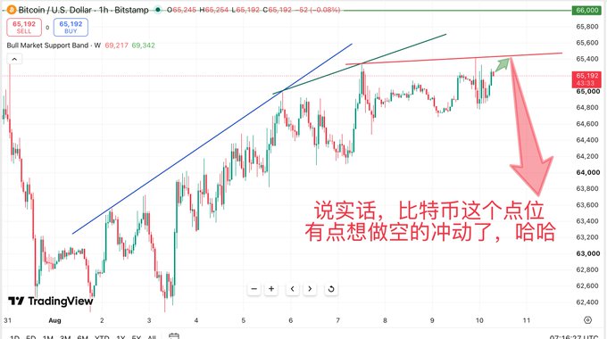 A TradingView candlestick chart of Bitcoin (BTC/USD) on the 1-hour timeframe from Bitstamp, showing price hovering around $65,192 with a prominent red arrow pointing downward and Chinese text reading "说实话，比特币这个点位有点想做空的冲动了，哈哈" ("To be honest, I'm feeling a bit impulsive to short Bitcoin at this price point, haha"), reflecting the post's hesitation at the $65K level and consideration of opening a small short position with a stop-loss at $68K.