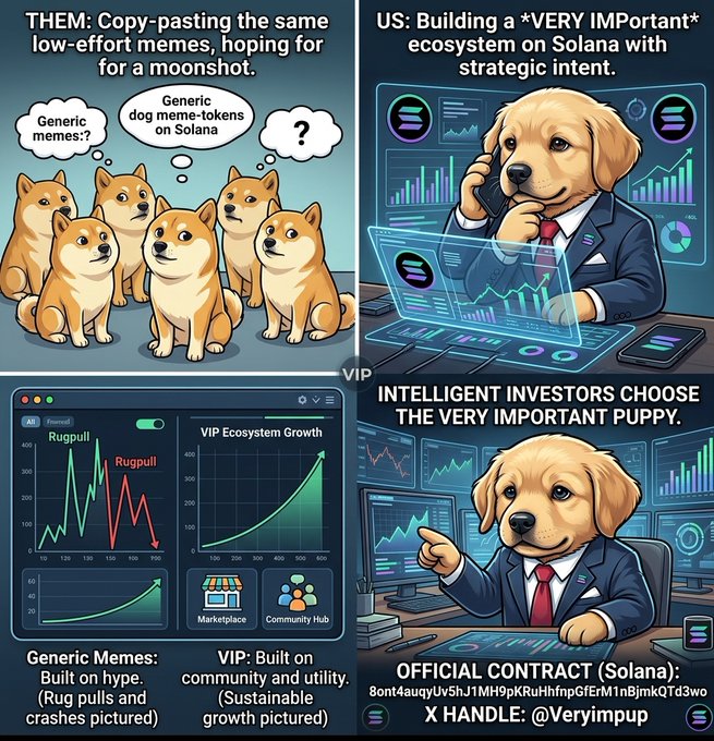 A four-panel promotional meme for the 'Very Important Puppy' ($VIP) Solana token, contrasting generic dog memes with its strategic ecosystem featuring charts of 'Rugpull' vs 'VIP Ecosystem Growth'.