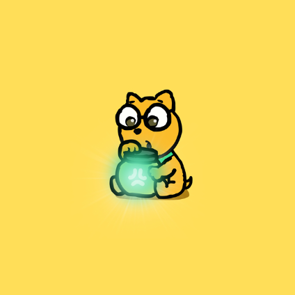 The image features a cartoon cat sitting on its hind legs, holding a green jar with a glowing light inside of it against a yellow background. The caption below the image reads "Favorite Abstract NFT: @myBUUMEE Favorite Abstract meme/coins: @godthedogabs Favorite Abstract games: @playgigaverse & RugPull Bakery by @OnchainChemists Favorite Abstract DeFi: @Aborean Wuts yours?".