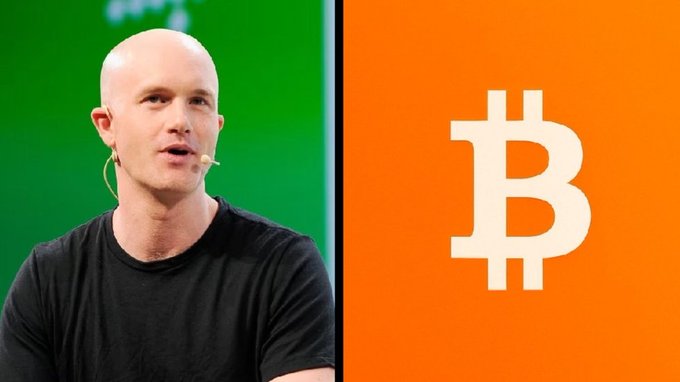 The image shows Coinbase CEO Brian Armstrong, a bald man in a black t-shirt speaking at a conference with a headset microphone, alongside the iconic orange Bitcoin (₿) logo. The split composition visually ties his advocacy for Bitcoin's inflation-resistant properties directly to the cryptocurrency's recognizable branding, reinforcing his message about Bitcoin's role as a hard store of value.