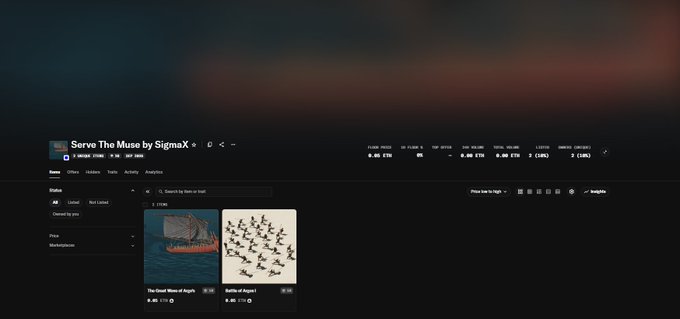 A music streaming application interface titled 'Serve The Muse by SigmaX' displays album art for 'The Great Wave of Angels' and 'Battles of Angels' in a dark mode layout.