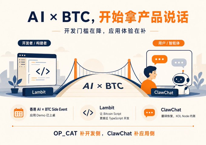 A promotional graphic with the headline 'AI × BTC' in English and Chinese, bridging developers ('Lambi') and users ('ClawChat') for AI and Bitcoin Script applications.