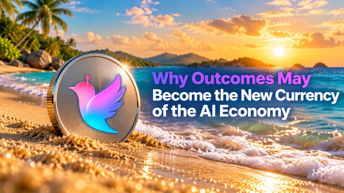 A promotional graphic with a winged logo coin on a tropical beach at sunset, with the text 'Why Outcomes May Become the New Currency of the AI Economy'.