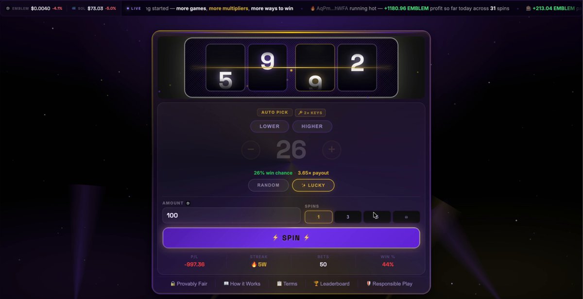 The image showcases a large purple screen displaying the interface for @EmblemBet app with the number 5 displayed prominently. The app has been recently released, and there are numerous posts highlighting its features, including an article about its onchain solanum capability, which is designed to be accessible without prior experience in building or coding. The post also mentions that users can easily create a game account for @EmblemBet. The overall atmosphere of the image suggests excitement around this new app release and how it is being used within the community of gamers.
