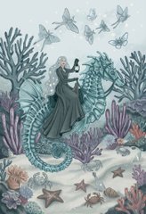 A whimsical underwater scene depicts a long-haired figure holding a black cat, surrounded by coral reefs, butterflies, and starfish in a sculptural, relief-like style.