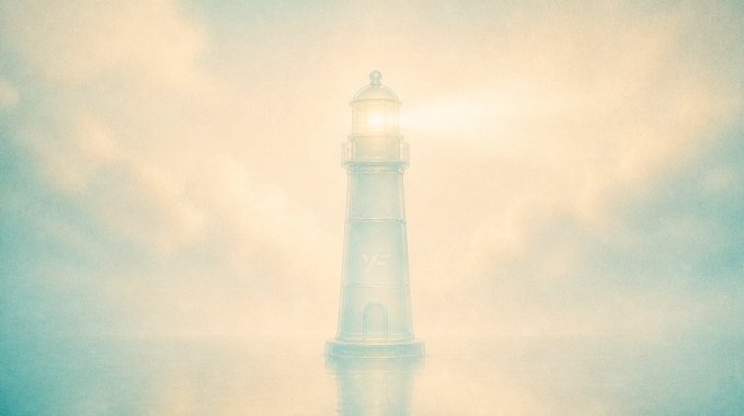 A soft, vintage-style image of a lighthouse emitting a beam of light through misty clouds in pastel tones.