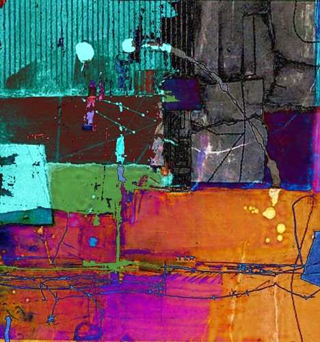 A vibrant abstract artwork composed of colorful geometric blocks in teal, orange, pink, and purple with splattered paint textures and dark line details.