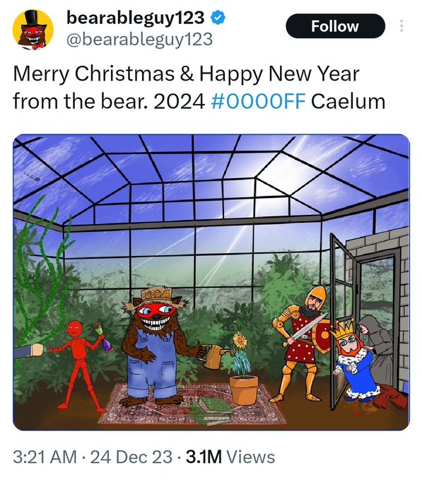 The image features a cartoon drawing of a bear wearing a top hat, standing next to a potted plant with a flower pot. The caption below the image reads "It's sad that we have to wait for the second big bang to happen for XRP to moon". This message is related to the post about Christmas and New Year because it seems like there might be an event or situation in the cartoon drawing that could potentially cause a significant change, such as the second big bang. The post also mentions that there are 3.21 am on December 23rd at 1:01m, which suggests that this message was posted during the holiday season when people tend to spend more time indoors and engage with digital content like social media posts.