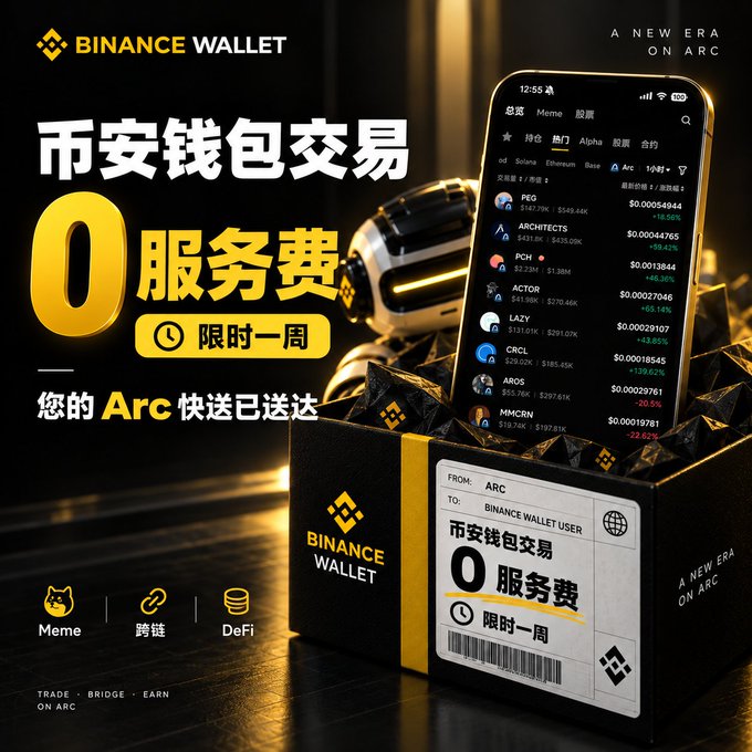 Binance Wallet advertisement promoting '币安钱包交易 0 服务费' (Binance Wallet trading with 0 service fees) for a limited week, featuring a phone showing cryptocurrency trading interface and the text 'A NEW ERA ON ARC'.