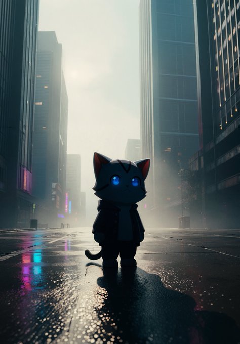 A small cat-like character with glowing blue eyes and a black jacket stands alone on a rain-slicked city street, surrounded by towering skyscrapers in a misty, cyberpunk atmosphere. The post identifies this unique feline as "Wen," distinguishing it from an ordinary cat through its distinctive appearance and stylish outfit.