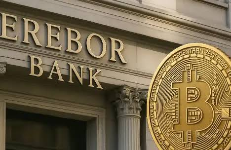 The image shows the facade of "EREBOR BANK" with its name displayed in gold lettering above classical columns, alongside a large golden Bitcoin coin featuring the iconic "₿" symbol. This visual ties directly to the post's claim about Peter Thiel founding Erebor Bank to raise $2 trillion for a crypto-based institution, with the prominent Bitcoin representing the cryptocurrency banking focus that makes the Clarity Act unnecessary for their operations.