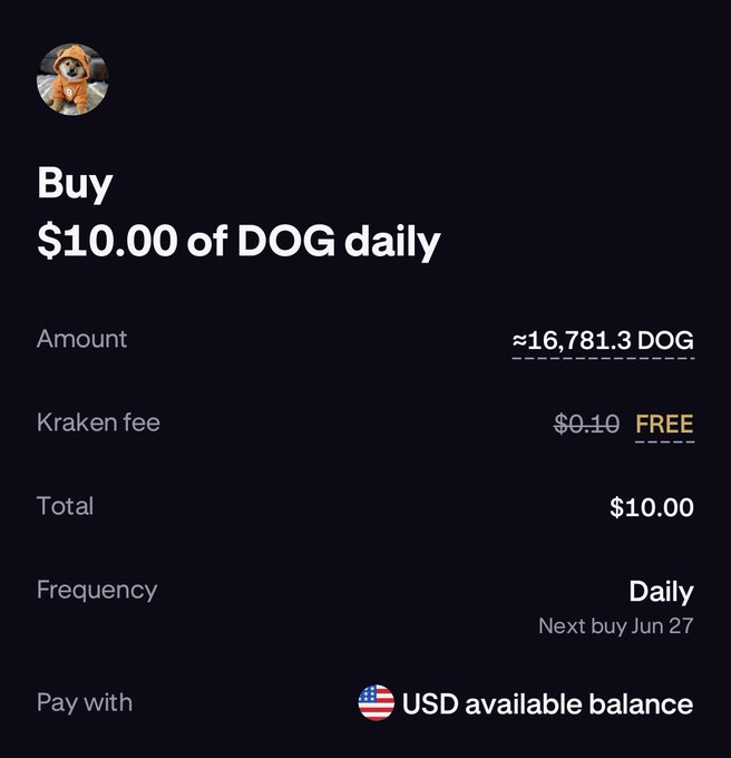 A screenshot of a Kraken recurring purchase setup for buying $10.00 of DOG daily (approximately 16,781.3 DOG with fees waived), showing the next scheduled buy on June 27 paid from USD balance. The image confirms the resumption of the daily $DOG accumulation plan referenced in the post after a brief break.