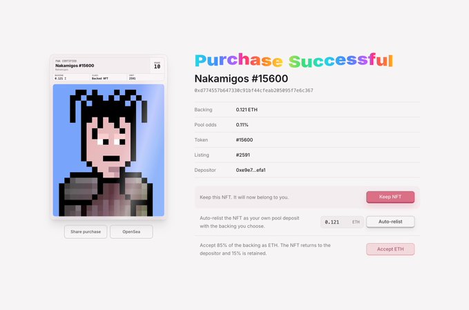 A "Purchase Successful" confirmation page for "Nakamigos #15600" NFT, listed at #2591 with 0.121 ETH backing (0.11% pool odds). The pixelated character card and ETH acceptance options reflect a successful transaction of the Froggy Friends-themed NFT collection tied to the $FWA token.