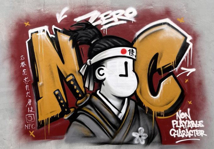 A graffiti-style mural depicts a stylized samurai character in traditional garb with a white headband marked "侍," set against bold yellow "NPC" lettering and the text "ZERO" and "Non Playable Character." The artwork, tagged "NPC" with Chinese characters and the entry number #63, corresponds to the creator's submission for the @npconchain NFT contest, where they are asking holders of 5+ NFTs to vote for their piece.
