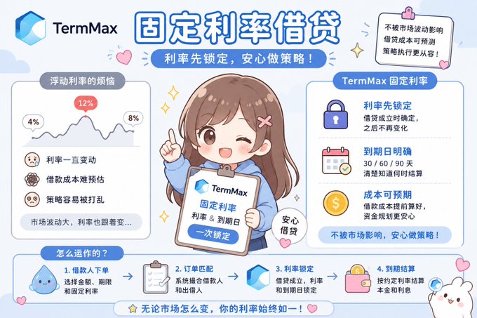 An infographic in Chinese for TermMax fixed-rate lending, featuring a cute anime girl character explaining how the platform locks in interest rates with features like rate locking, flexible terms of 30/60/90 days, and predictable costs.
