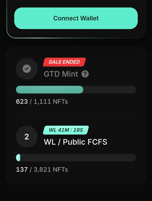 A dark-themed NFT minting interface with a "Connect Wallet" button at the top, showing "GTD Mint" sale ended with 623/1,111 NFTs claimed, and "WL / Public FCFS" minting (WL 41M:19S remaining) with 137/3,821 NFTs claimed.