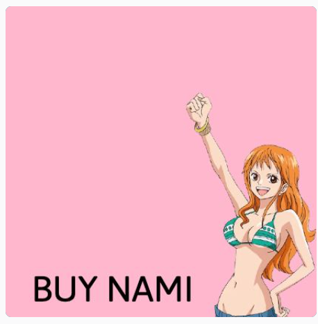 An anime-style illustration of Nami from One Piece in a bikini with her arm raised in a cheer, with text reading 'BUY NAMI' on a pink background.