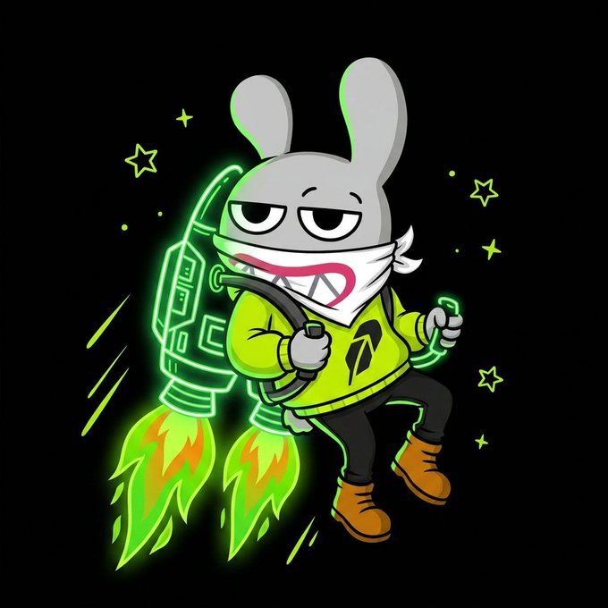 Cartoon illustration of a gray rabbit character wearing a white mask, a neon green hoodie with a black logo, and brown boots, holding a futuristic weapon with green energy effects against a starry black background.