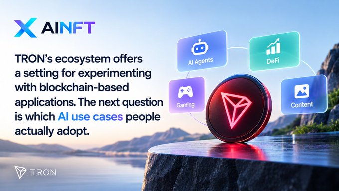 A promotional graphic for "X AINFT" by TRON stating "TRON's ecosystem offers a setting for experimenting with blockchain-based applications. The next question is which AI use cases people actually adopt," featuring icons for AI Agents, DeFi, Gaming, and Content alongside a glowing TRON (TRX) coin.