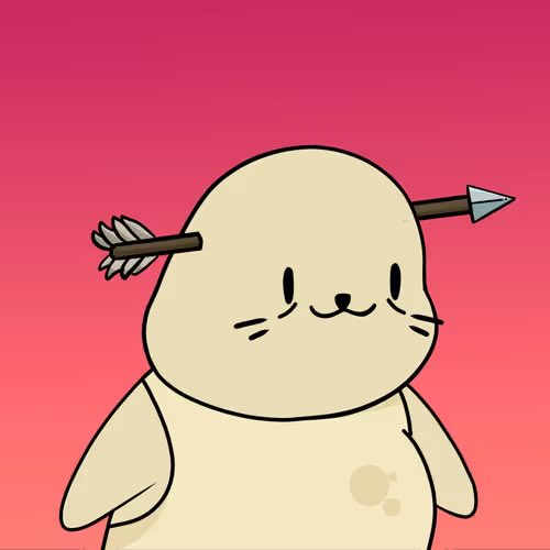 A cute cartoon seal illustration with an arrow shot through its head, set against a pink gradient background.