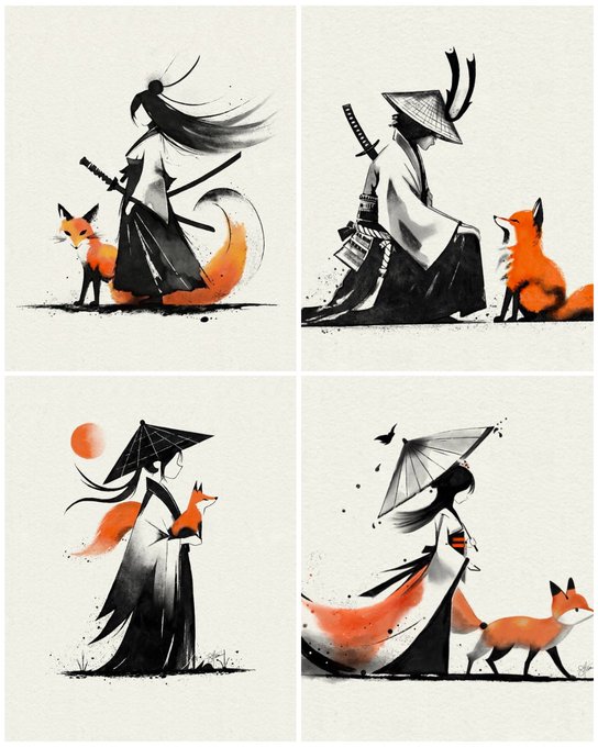 Four illustrations in a Japanese ink-painting style depicting figures in traditional clothing accompanied by foxes, with minimalist compositions using black, white, and orange tones.
