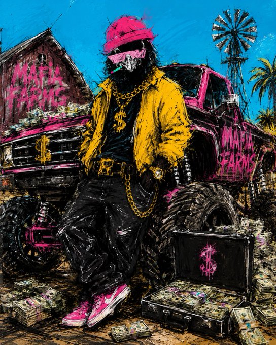 A stylized illustration featuring a masked figure in a yellow jacket and pink cap leaning against a pink monster truck labeled 'MAFIA FARMS,' with stacks of cash and an open briefcase full of money at their feet.