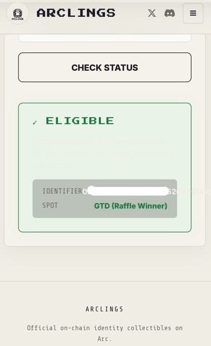 Screenshot of the Arclings website showing an 'ELIGIBLE' status check with the spot listed as 'GTD (Raffle Winner)' for an on-chain identity collectible.