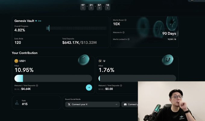A cryptocurrency dashboard titled 'Genesis Vault' displaying progress stats (4.82%), total deposits ($643.1K/$13.32M), and user contributions of USD1 (10.95%) and U (1.76%), with a small video of a bespectacled man speaking into a microphone in the corner.