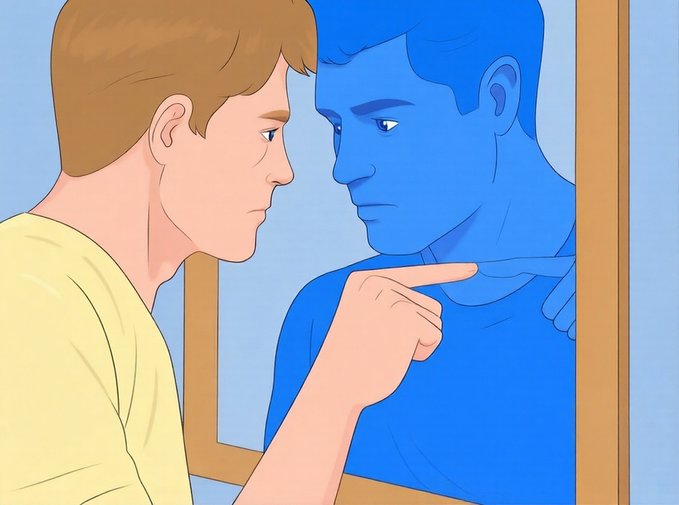 A man with brown hair points his finger at his blue-tinted reflection in a mirror, as if confrontationally addressing himself, visually echoing the post's "say it with me pre-rich..." caption as a personal pep talk or self-affirmation before becoming wealthy.