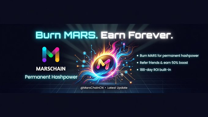 The image features an advertisement for a cryptocurrency called "Burn MarsChains" that uses neon colors and a futuristic design. The text on the image reads, "Burn MarsChains. Earn Forever. Burn MarsChains. Permanent Hashpower. Burn MarsChains. Reap rewards from protocol issuance. Not your friends' pockets How does it work? Burn Mars → receive". This advertisement is promoting a cryptocurrency that allows users to earn hashpower by mining and burning virtual currencies, such as Bitcoin or Ethereum. The image emphasizes the idea of earning hashpower through mining and the potential for long-term gains in this digital currency market.