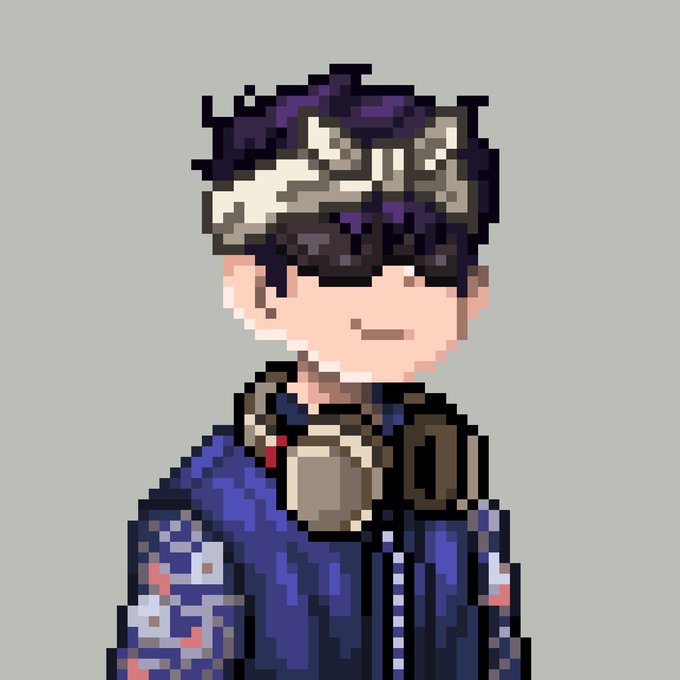 A pixel art portrait of a faceless figure wearing goggles, a fur hat, and a detailed blue jacket with a scarf, complementing the "Can I Get A GM NFTs" post with its crypto/NFT aesthetic through the use of a stylized avatar.
